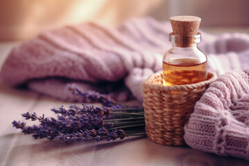 Essential oil bottle with lavender on knitted texture in warm light. Generative AI