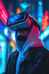 Metaverse digital cyber world technology, man with virtual reality VR goggle playing AR augmented reality game and entertainment, NFT game futuristic lifestyle