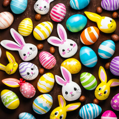 Obraz premium arrangement decoration of Happy Easter holiday chocolate bunnies and eggs on pink background