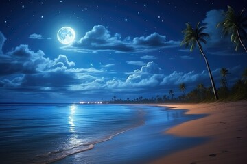 Beautiful tropical beach at night with full moon and starry sky. Beautiful fantasy night summer beach with full moon and milky way sky. relaxing vacation and holiday concept.
