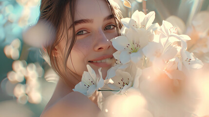 a woman holding a bouquet of white flowers - obrazy, fototapety, plakaty