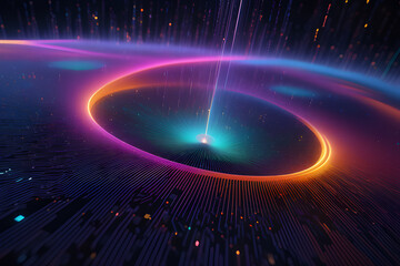 Abstract Dark Blue Glowing Circles Technology Background with Organic Motion. Technical Background with Line and Dot Particles Surface.