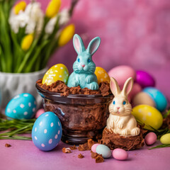 arrangement decoration of Happy Easter holiday background concept bunny eggs with accessory ornament on modern beautiful background