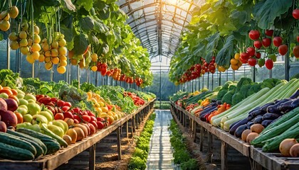 fresh fruits and vegetables for commercial and non commercial use inside the greenhouse  - obrazy, fototapety, plakaty