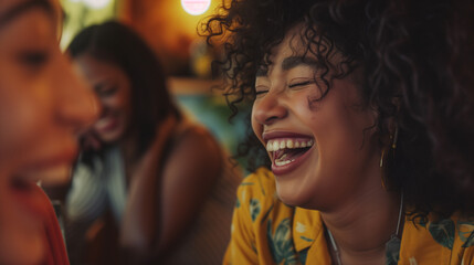 Happy group of diverse female friends of different races and ethnicities laughing in a cafe. AI generated