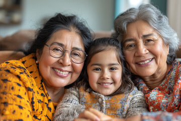 Grandmother and Granddaughter Together, Two Grandmothers with their Granddaughter in a Living Room, Smiling as a Family, Mother's Day and Women's Day