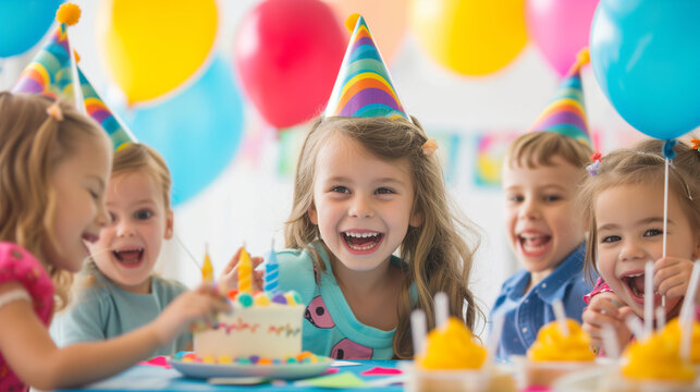 Birthday celebration scene. Festive party atmosphere. Image captures the joy and excitement of a lively birthday party, featuring decorations, cake, and happy moments.