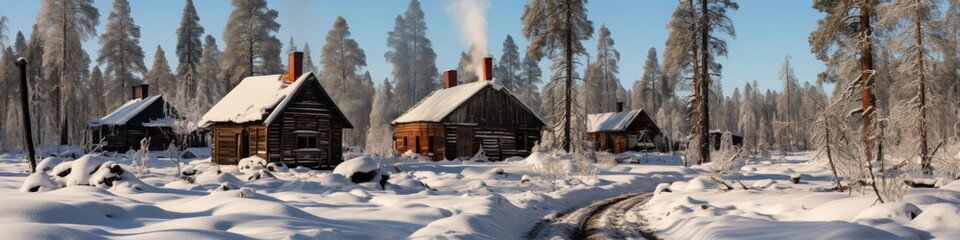 Winter Village Panorama with Snow-Covered Cabins
