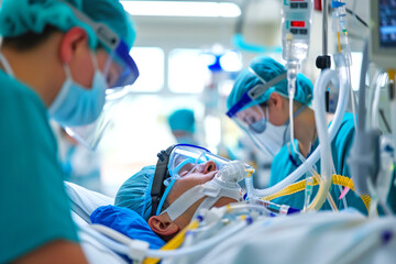 As patient in intensive care unit of an ICU hospital, patient is comatose AI Generative - Powered by Adobe