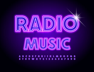 Vector Neon flyer Radio Music. Trendy Glowing Font. Illuminated Alphabet Letters and Numbers set.