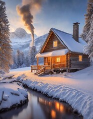 Beautiful winter landscape with wooden log house and smoking chimney.