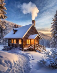 Beautiful winter landscape with a cottage in the Carpathian mountains