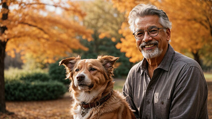 Cheerful retired senior hispanic man smiling with his dog enjoying time in a park