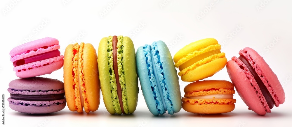 Poster colorful macaron stack on isolated white background - a vibrant and tempting display of colorful mac
