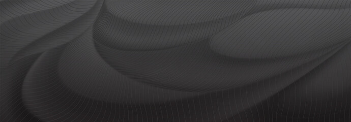 Abstract background of soft curved surfaces in black tones covered with a grid of thin parallel lines - obrazy, fototapety, plakaty