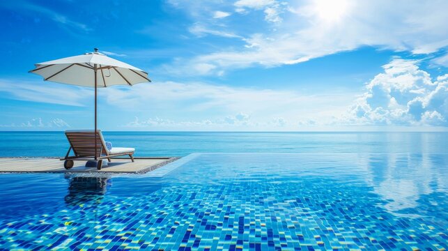 Beautiful landscape of sea ocean on sky with umbrella and chair around luxury outdoor swimming pool in hotel resort for leisure travel and vacation