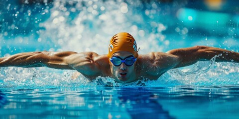 Competitive swimmer racing in pool - Powered by Adobe
