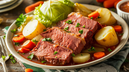 Traditional Corned Beef And Cabbage With Potatoes And Carrots Garnished With Parsley - obrazy, fototapety, plakaty