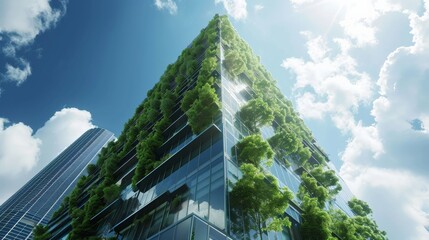Eco-friendly building in the modern city. Sustainable glass office building with trees for reducing heat and carbon dioxide. Office building with green environment. Corporate building reduce CO2 - obrazy, fototapety, plakaty