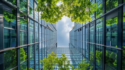 Eco-friendly building in the modern city. Sustainable glass office building with trees for reducing heat and carbon dioxide. Office building with green environment. Corporate building reduce CO2