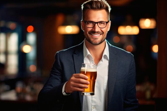 Portrait of a handsome young man holding a beer in a pub.