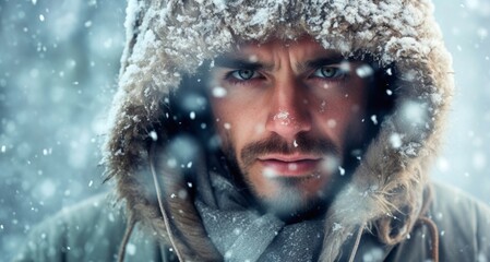 Winter portrait of a handsome bearded man in the snowy forest. Winter fashion.