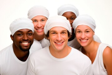 Group of happy multiethnic young men and women in white t-shirts