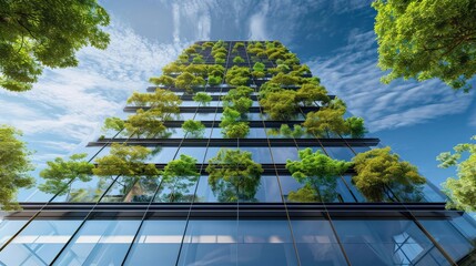 Eco-friendly building in the modern city. Sustainable glass office building with trees for reducing heat and carbon dioxide. Office building with green environment. Corporate building reduce CO2 - obrazy, fototapety, plakaty