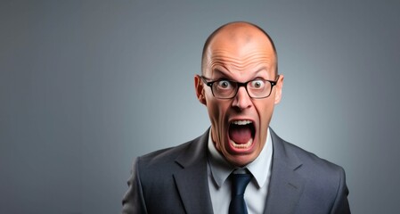 Bald businessman with glasses and a surprised expression on his face.