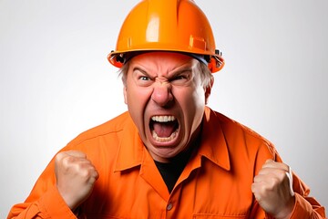 Angry senior male construction worker in orange uniform and orange hard hat screaming on white background