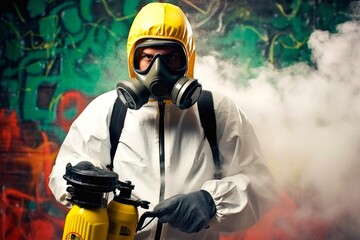 Obraz premium Man in chemical protective suit and respirator with sprayer against graffiti