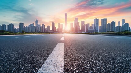 Empty asphalt road and modern city skyline with building scenery at sunset. high angle view.