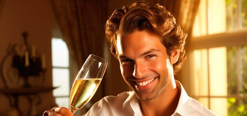Cheerful young man with a glass of champagne in the kitchen