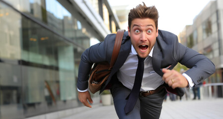 Excited business man with briefcase running in the city street.