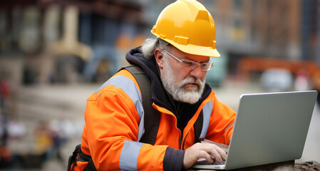 Architect working on a building site with a laptop in his hands