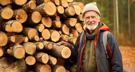 Senior man with a gray beard standing in front of a pile of firewood