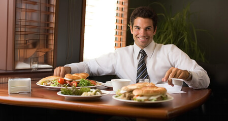 Young businessman having breakfast in a hotel restaurant looking at the camera smiling