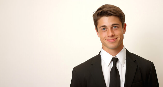 Portrait of a young man in a black suit on a white background