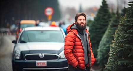 Fototapeta na wymiar Young handsome man with long beard and mustache wearing red down jacket standing on the street with Christmas tree
