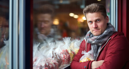 Portrait of a young man in a red jacket and gray scarf standing in front of the window in the Christmas market.