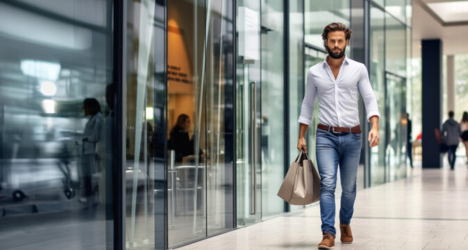 Handsome young man with a beard in a white shirt and jeans walking in the city.