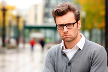 Naklejka premium unhappy young man with eyeglasses in the city, portrait