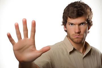 Young man showing stop sign with his hand, isolated on white background