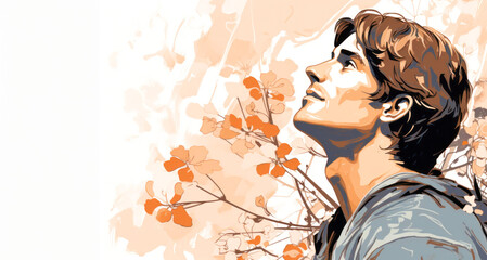 Portrait of a beautiful young man in profile. Vector illustration.
