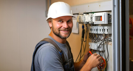 Electrician at work. Portrait of happy electrician standing near electrical panel.