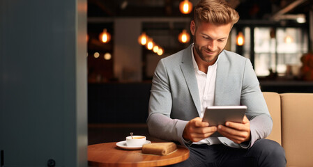 Handsome young businessman using tablet computer while sitting in cafe.