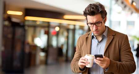 Handsome young man using mobile phone and drinking coffee in cafe