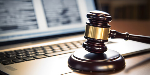 Technological Justice: The Wooden Gavel of Cyber Law on a Laptop, Embodying the Concept of Online Courtrooms and Legal Protection in the Digital Age