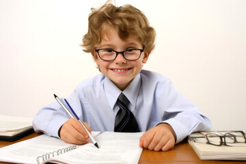 Young boy doing his homework in the office on a white background.