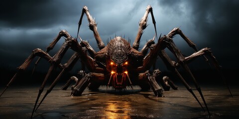 Giant Spider with Glowing Eyes in Dark Ambiance - obrazy, fototapety, plakaty